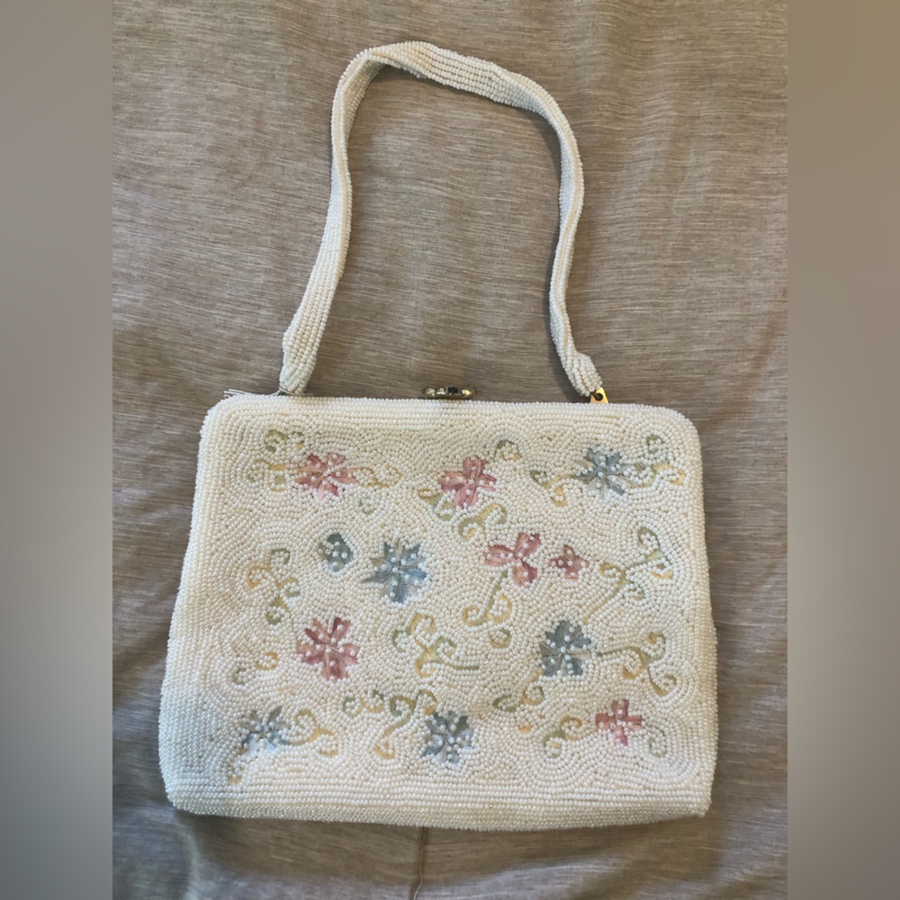 Vintage beaded mini purse white blue pink floral GUC